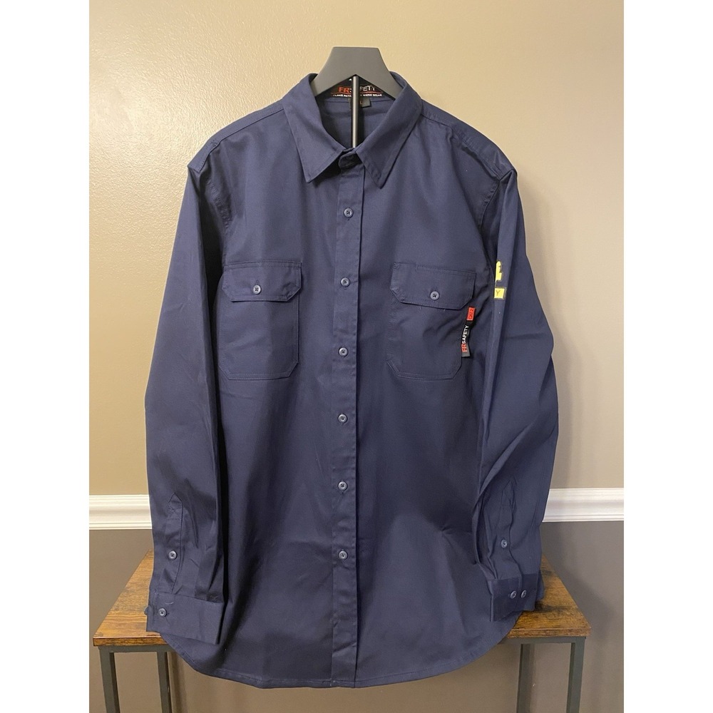 FRSafety FR Flame Retardant Work Shirt Navy Blue Long Sleeve Button Up Size XL